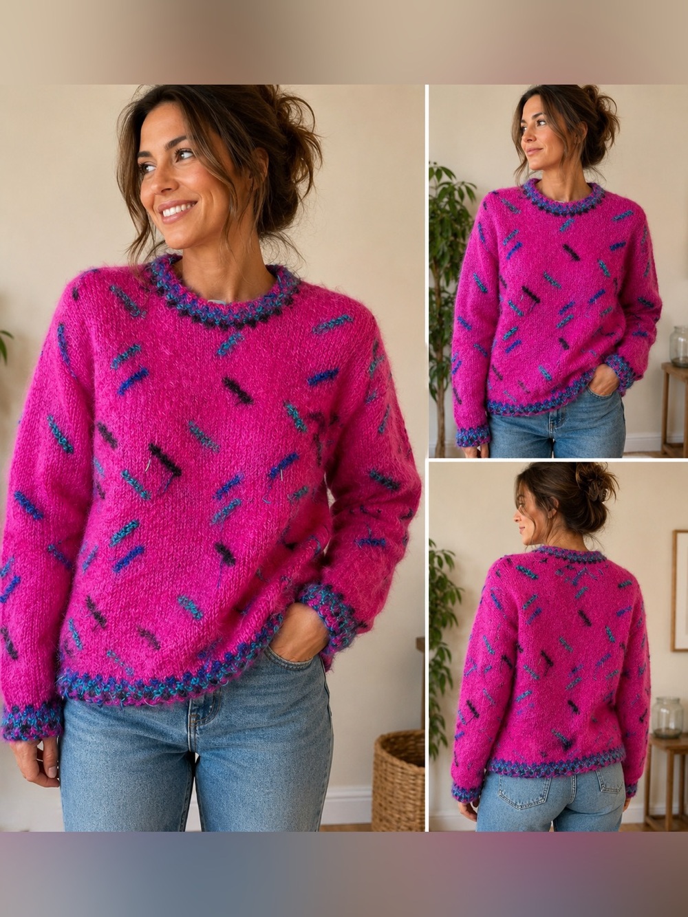 Vintage Icelandic Design Mohair Sweater Hot Pink Teal Abstract